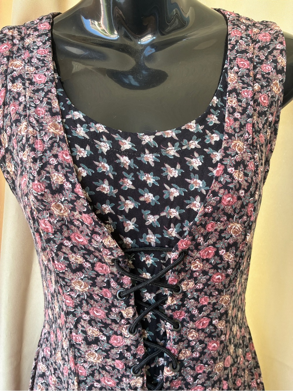 Vintage 90s Calico Print Midi Dress Corset Lace-up Coquette Grunge Whimsigoth - Picture 5 of 13
